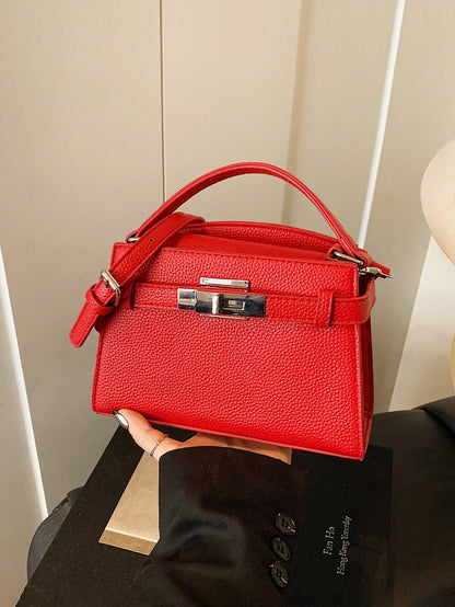 Classic Bright Red Handbag with Hardware Lock Decor