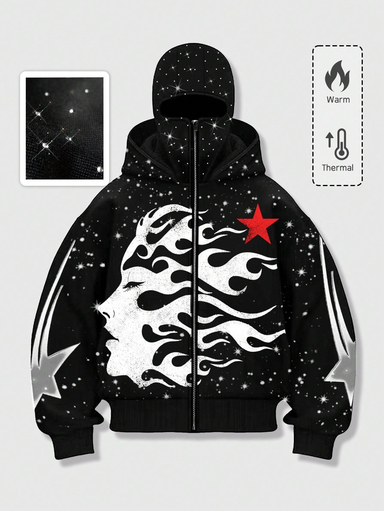 Men's Goth Flame Star Print Mask Thermal Zip Hoodie