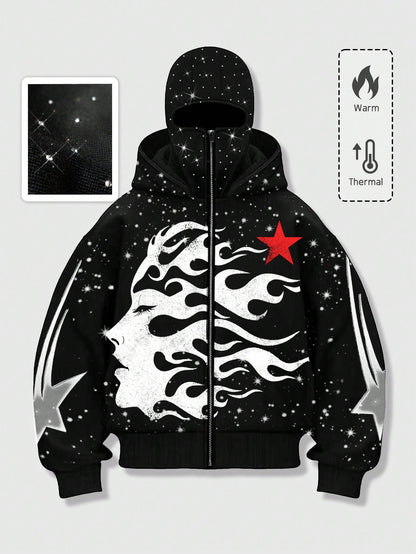 Men's Goth Flame Star Print Mask Thermal Zip Hoodie