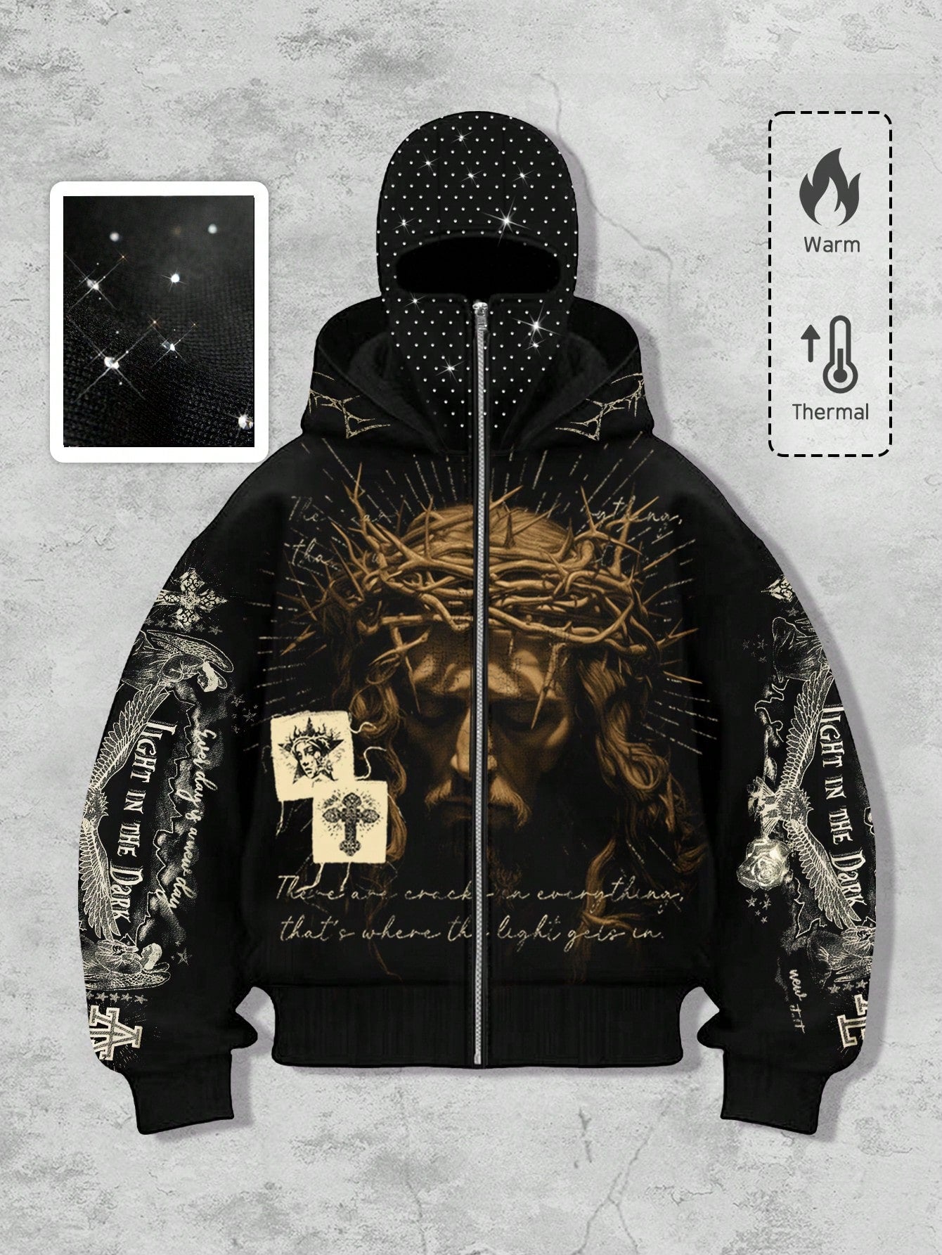 Men's Goth Rhinestone Graphic Zip-Up Hoodie