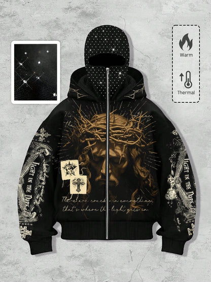 Men's Goth Rhinestone Graphic Zip-Up Hoodie