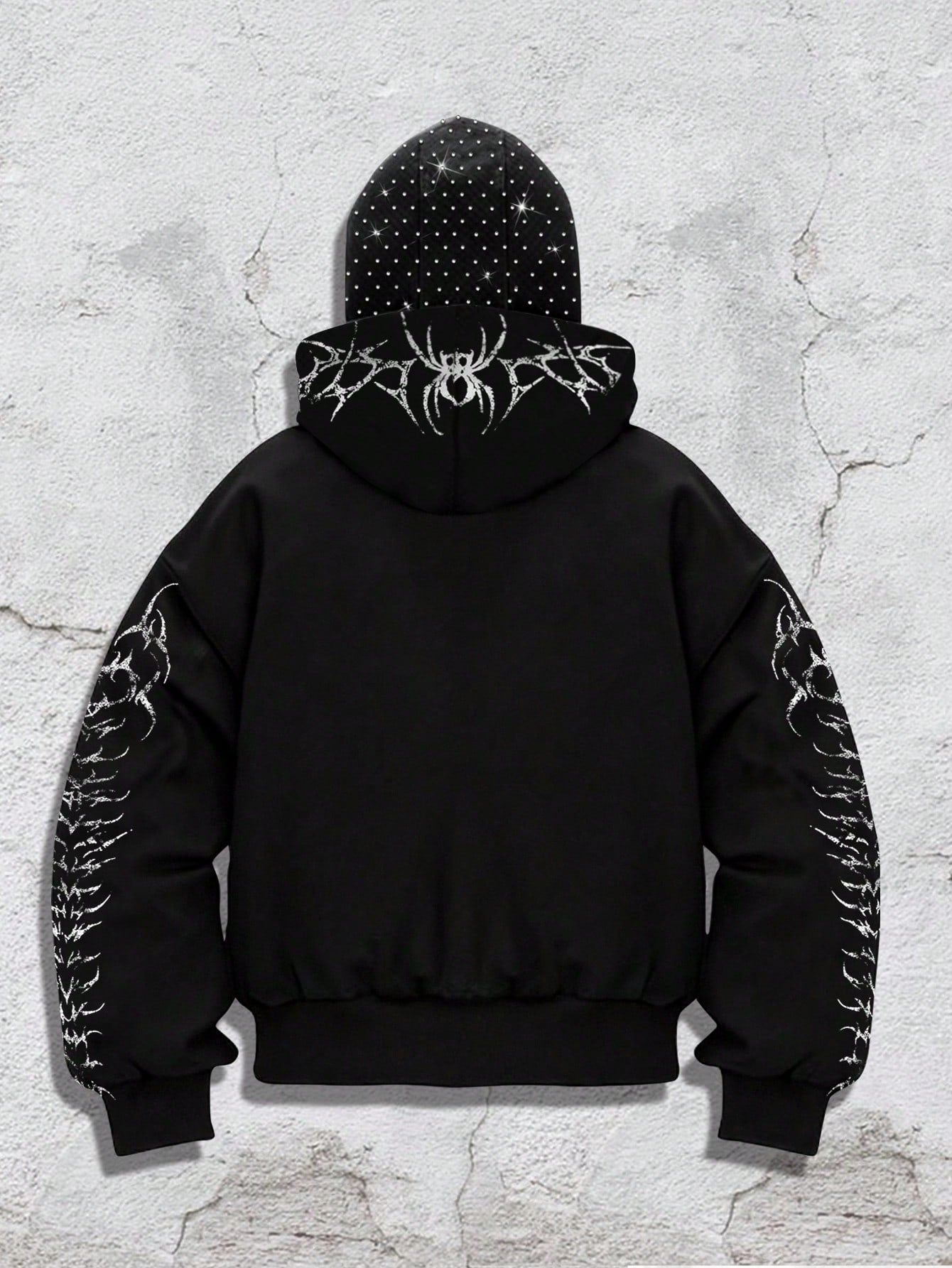 Men's Goth Rhinestone Graphic Zip-Up Hoodie