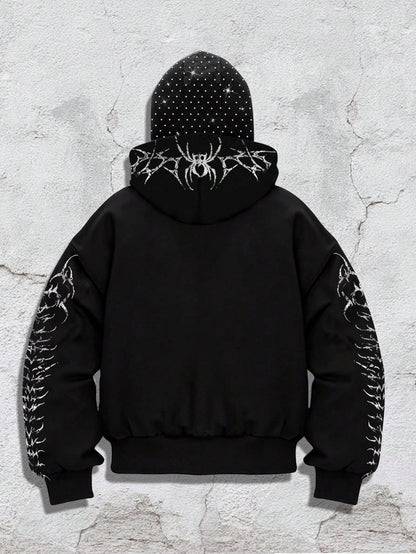 Men's Goth Rhinestone Graphic Zip-Up Hoodie
