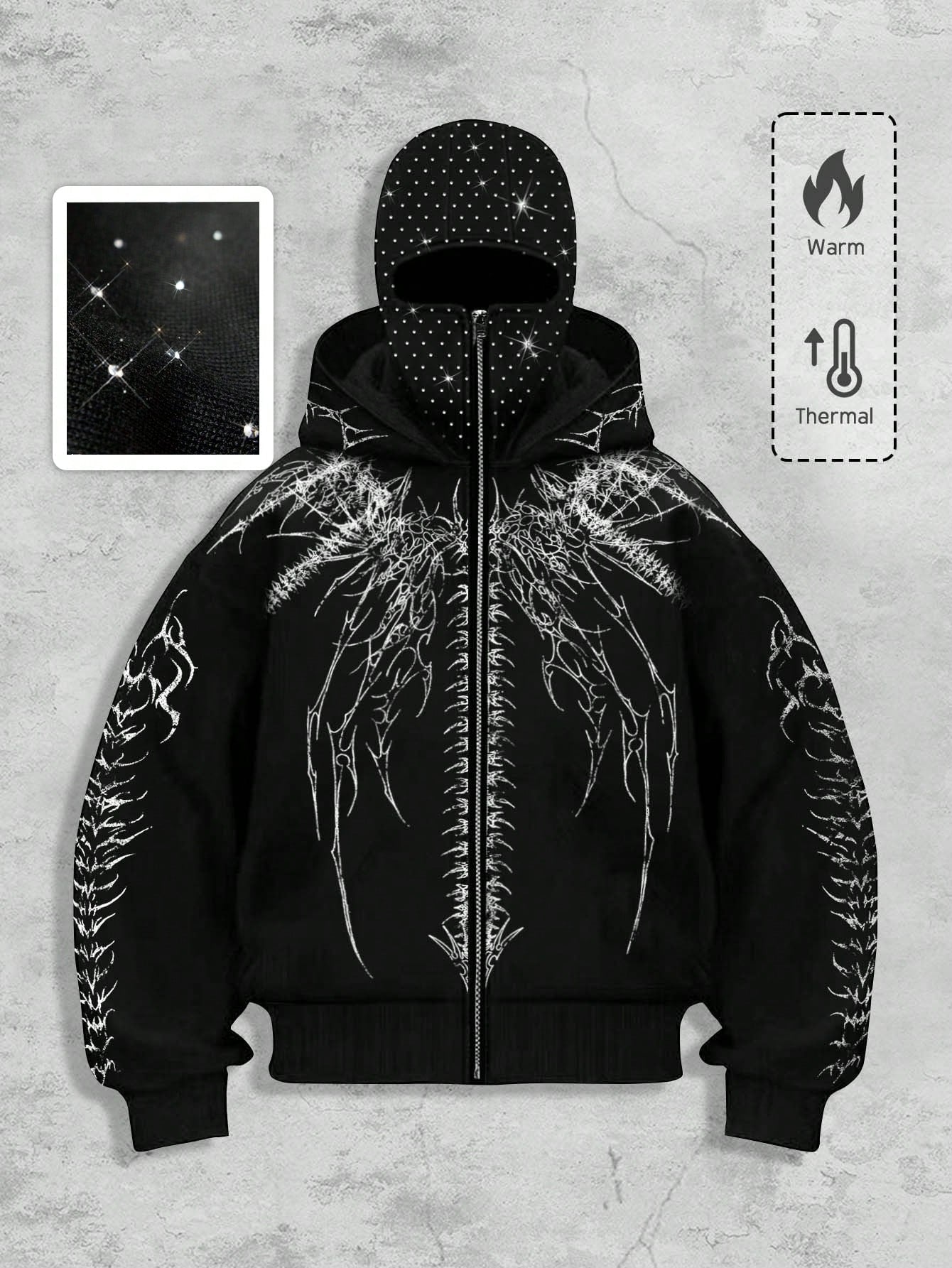 Men's Goth Rhinestone Graphic Zip-Up Hoodie