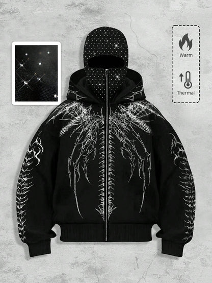 Men's Goth Rhinestone Graphic Zip-Up Hoodie