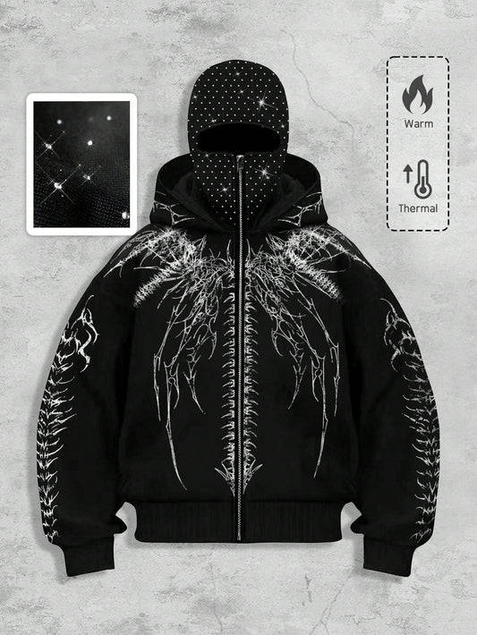 Men's Goth Rhinestone Graphic Zip-Up Hoodie