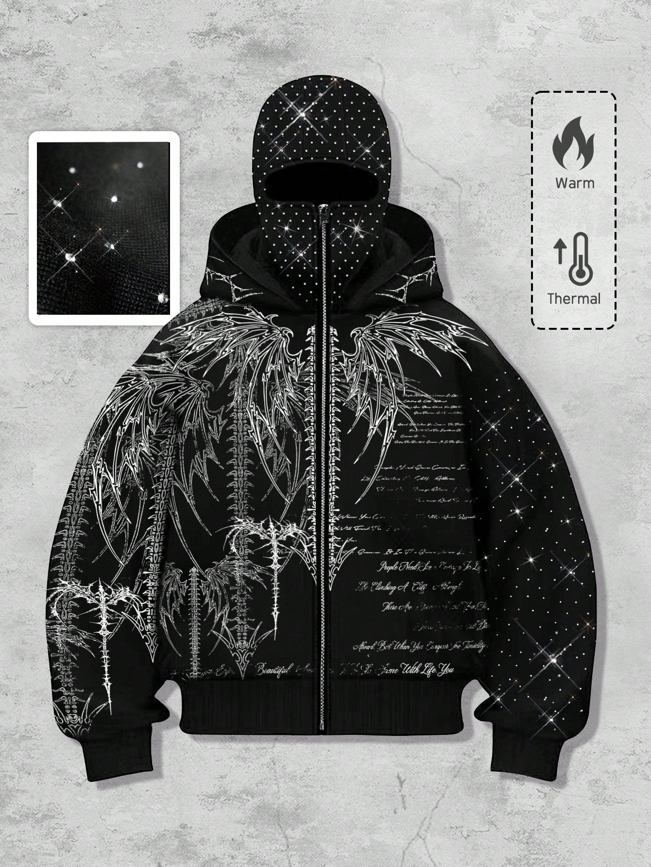 Men's Goth Rhinestone Graphic Zip-Up Hoodie