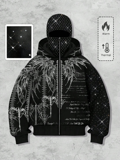 Men's Goth Rhinestone Graphic Zip-Up Hoodie