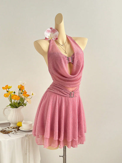 Sexy Hollow Out V-Neck Rhinestone Pink Dress
