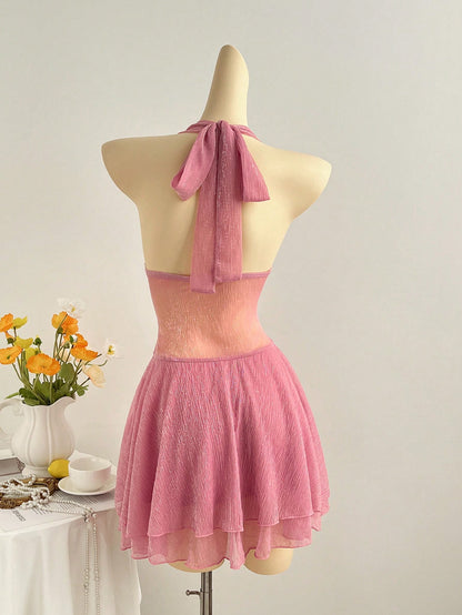 Sexy Hollow Out V-Neck Rhinestone Pink Dress