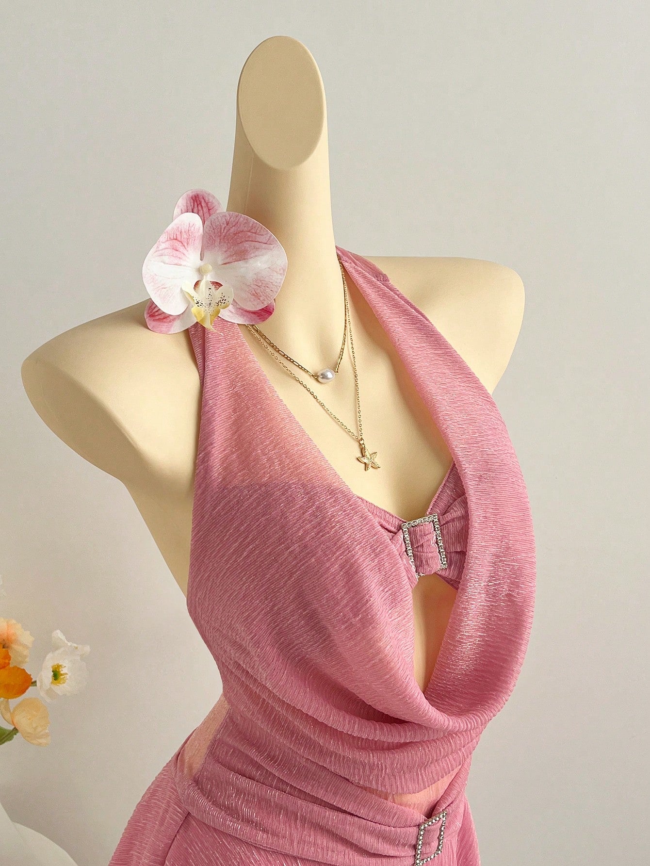Sexy Hollow Out V-Neck Rhinestone Pink Dress