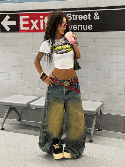 Y2K Punk Rock Lip Print White Baby Tee