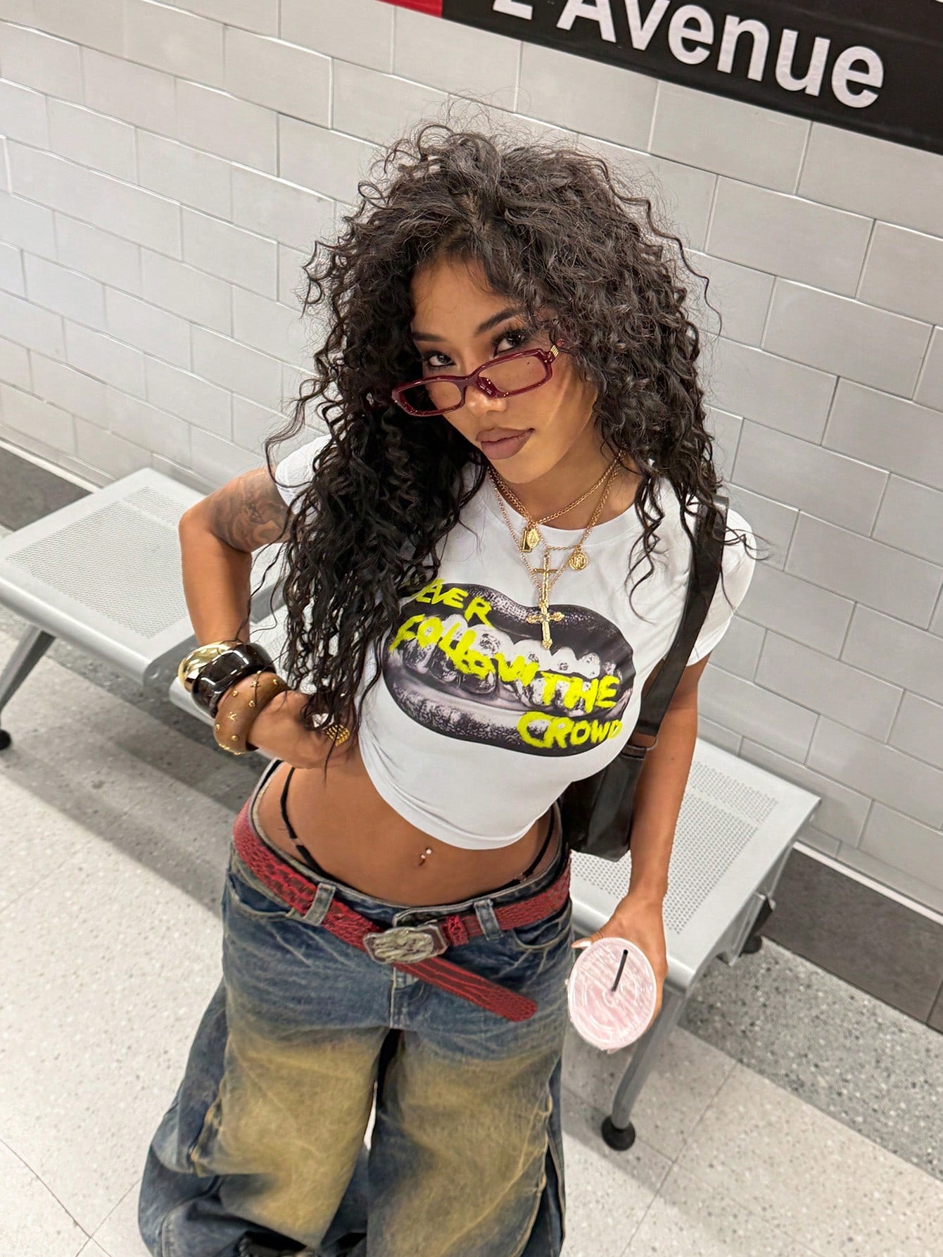 Y2K Punk Rock Lip Print White Baby Tee