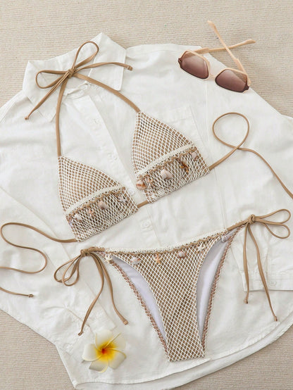 Seashell Starfish Mesh Halter Backless Bikini Set