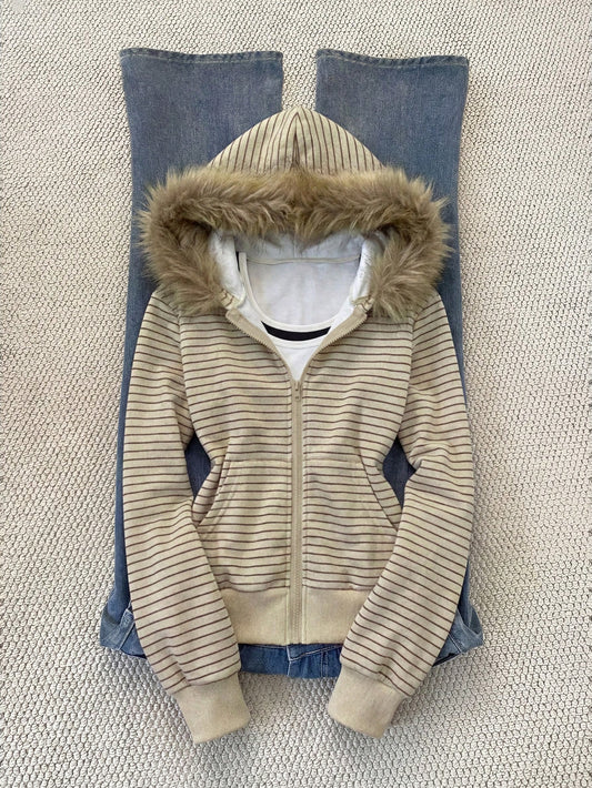 Casual Striped Hoodie with Warm Fur Collar