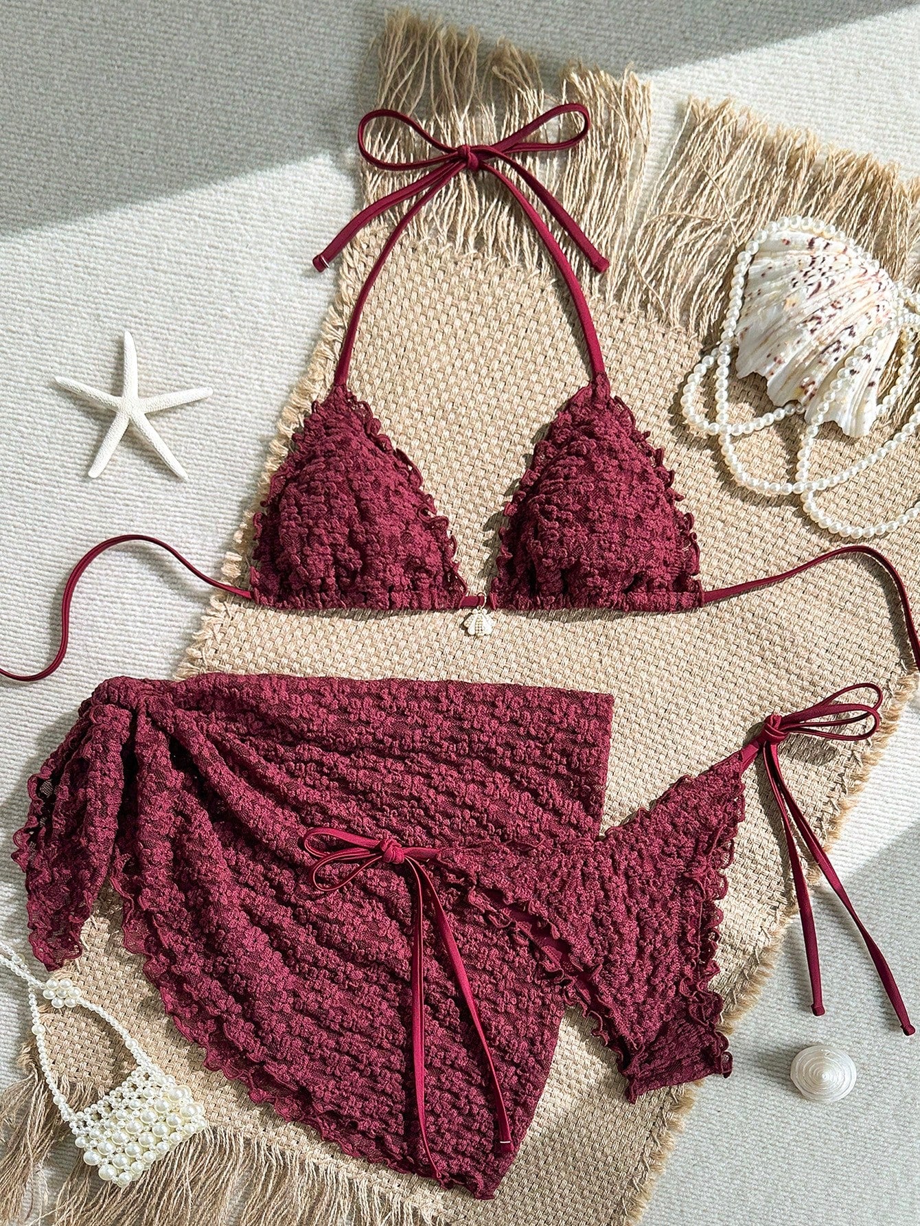 Yellow Floral Textured 3-Piece Pearl Bikini Set
