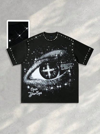 Men Eye Print Rhinestone Short Sleeve Tee