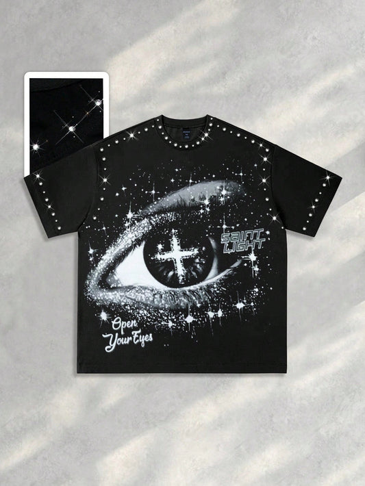 Men Eye Print Rhinestone Short Sleeve Tee