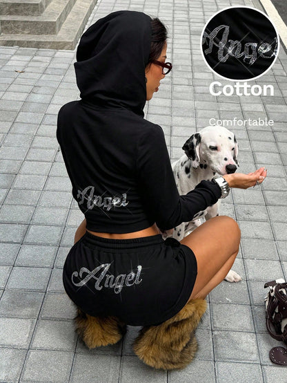 Women's Rhinestone Knit Long Sleeve Top and Shorts Set