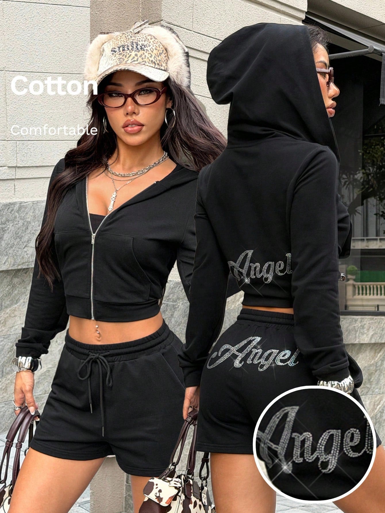 Women's Rhinestone Knit Long Sleeve Top and Shorts Set