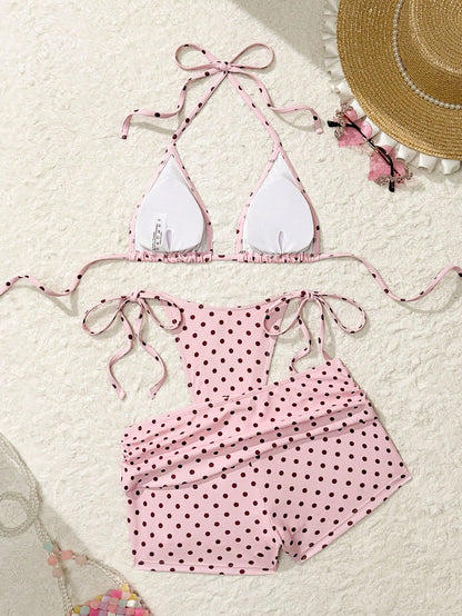 Polka Dot Print 3-Piece Ruched Triangle Bikini Set