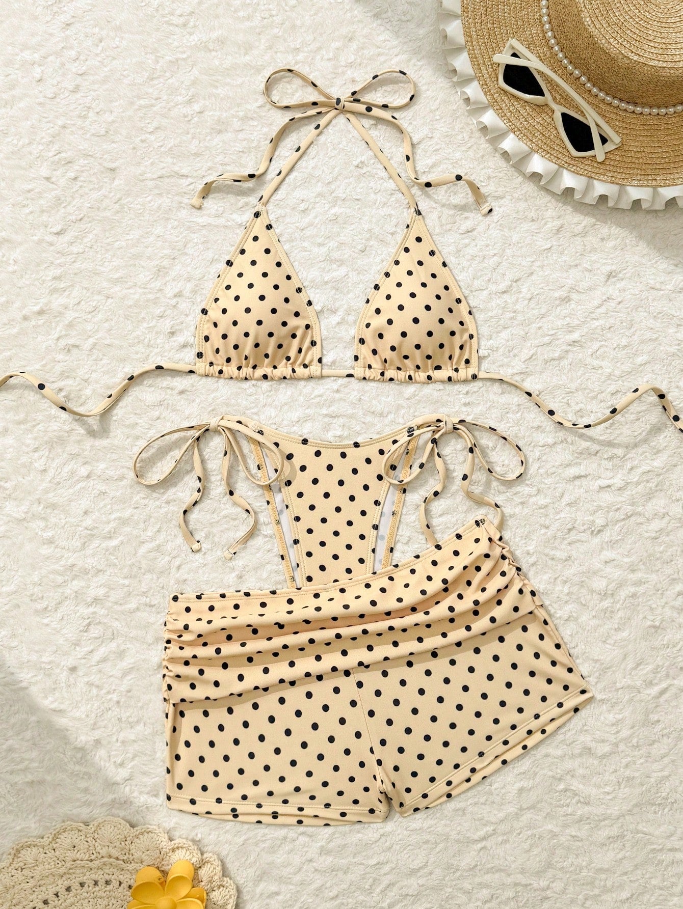 Polka Dot Print 3-Piece Ruched Triangle Bikini Set
