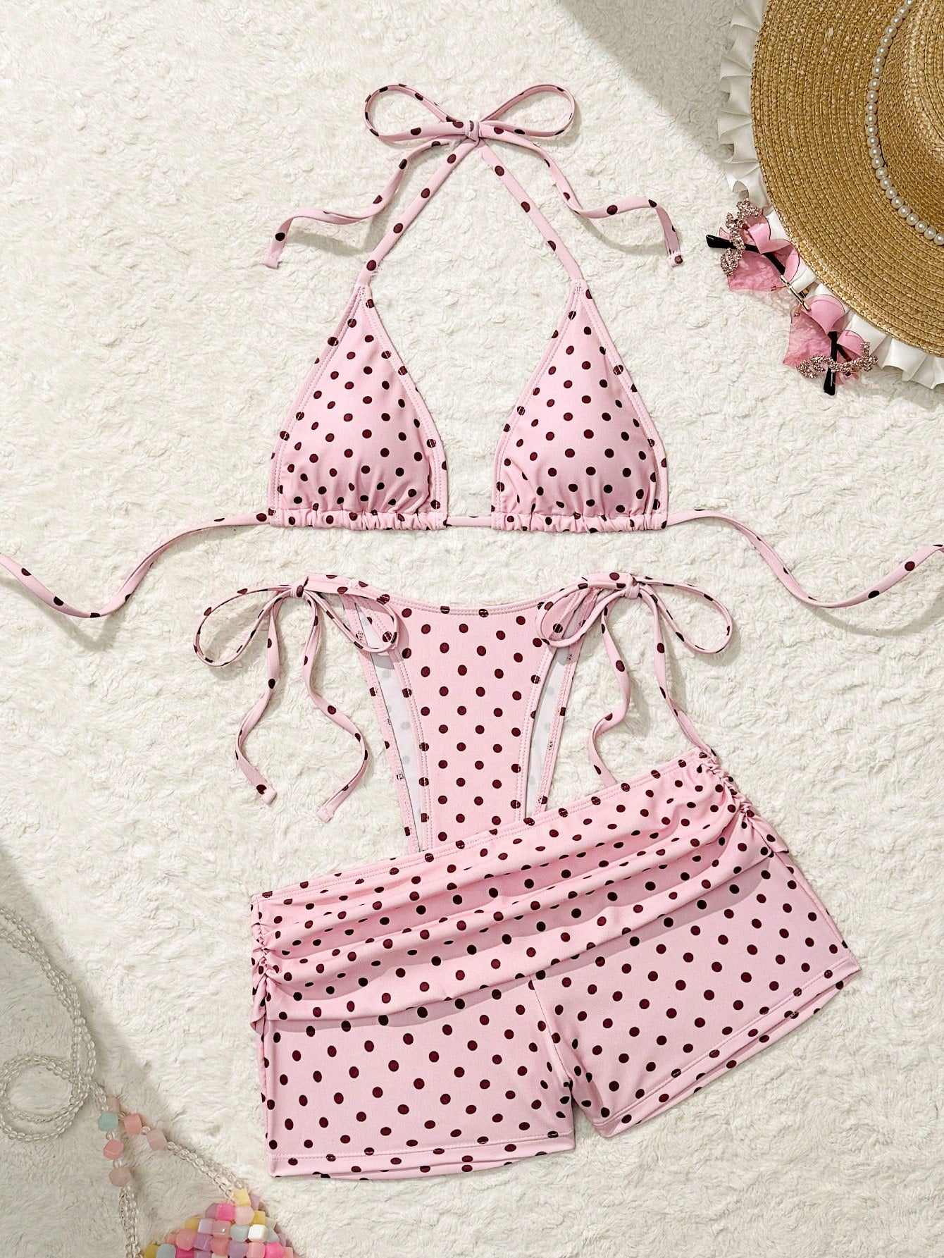 Polka Dot Print 3-Piece Ruched Triangle Bikini Set