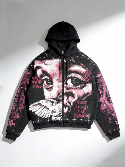Men's Angel Graphic Zip-Up Fleece Y2K Hoodie