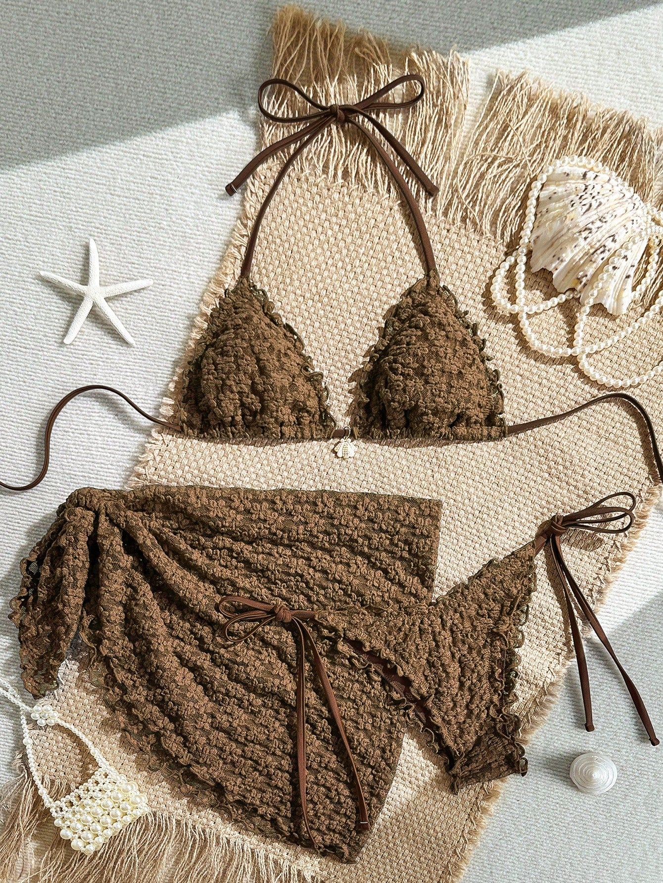 Yellow Floral Textured 3-Piece Pearl Bikini Set