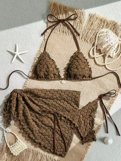 Yellow Floral Textured 3-Piece Pearl Bikini Set