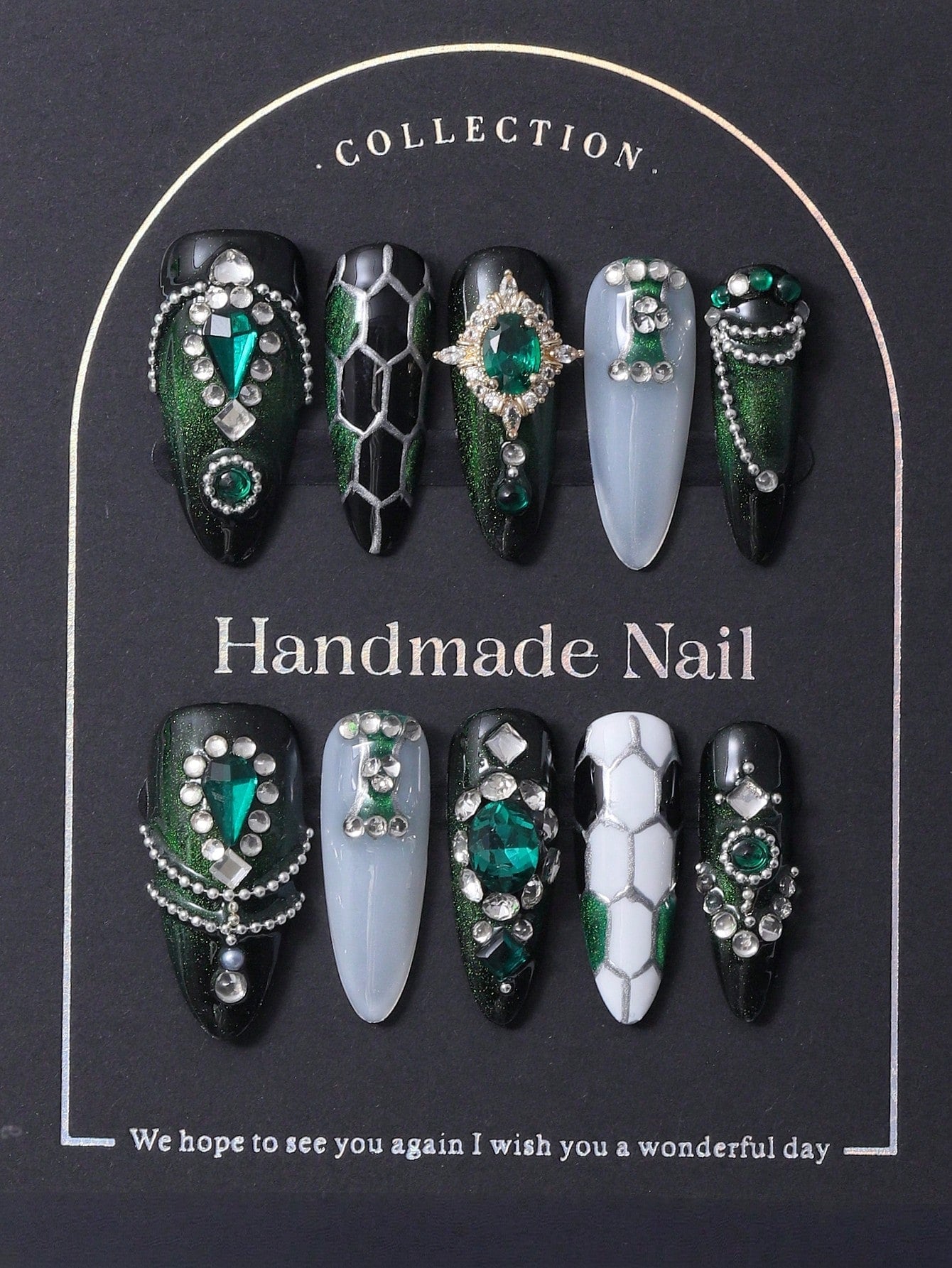 Y2K Green French Rhinestone Long Pointed Nails
