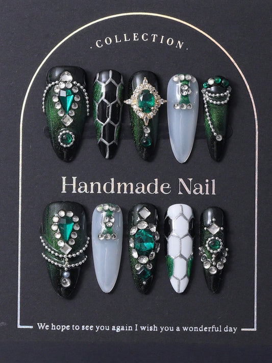 Y2K Green French Rhinestone Long Pointed Nails