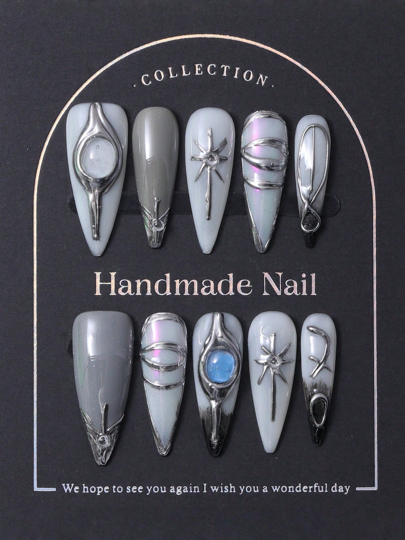 Y2K Green French Rhinestone Long Pointed Nails