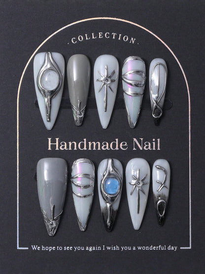 Y2K Green French Rhinestone Long Pointed Nails