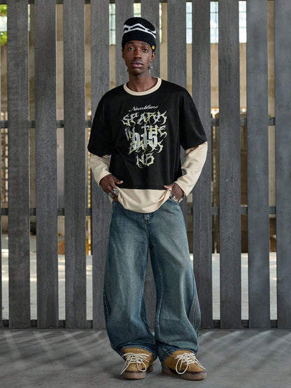 Men 2-In-1 Waffle Colorblock Long Sleeve T-Shirt