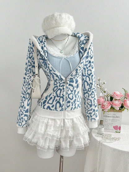 Women's Leopard Print Flannel Thermal Hooded Sweatshirt