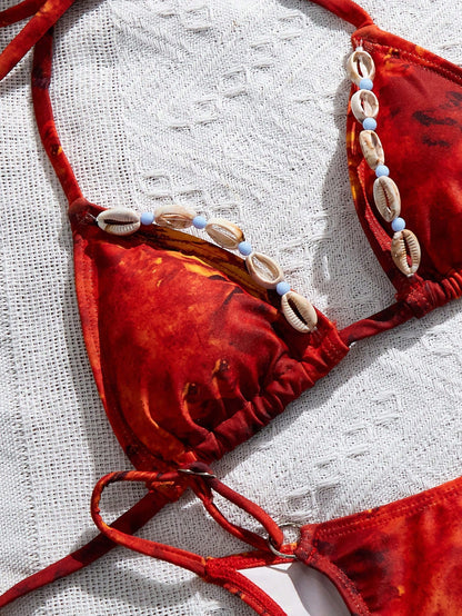 Shell Decor Halter Tie Sexy Bikini Swimwear Set