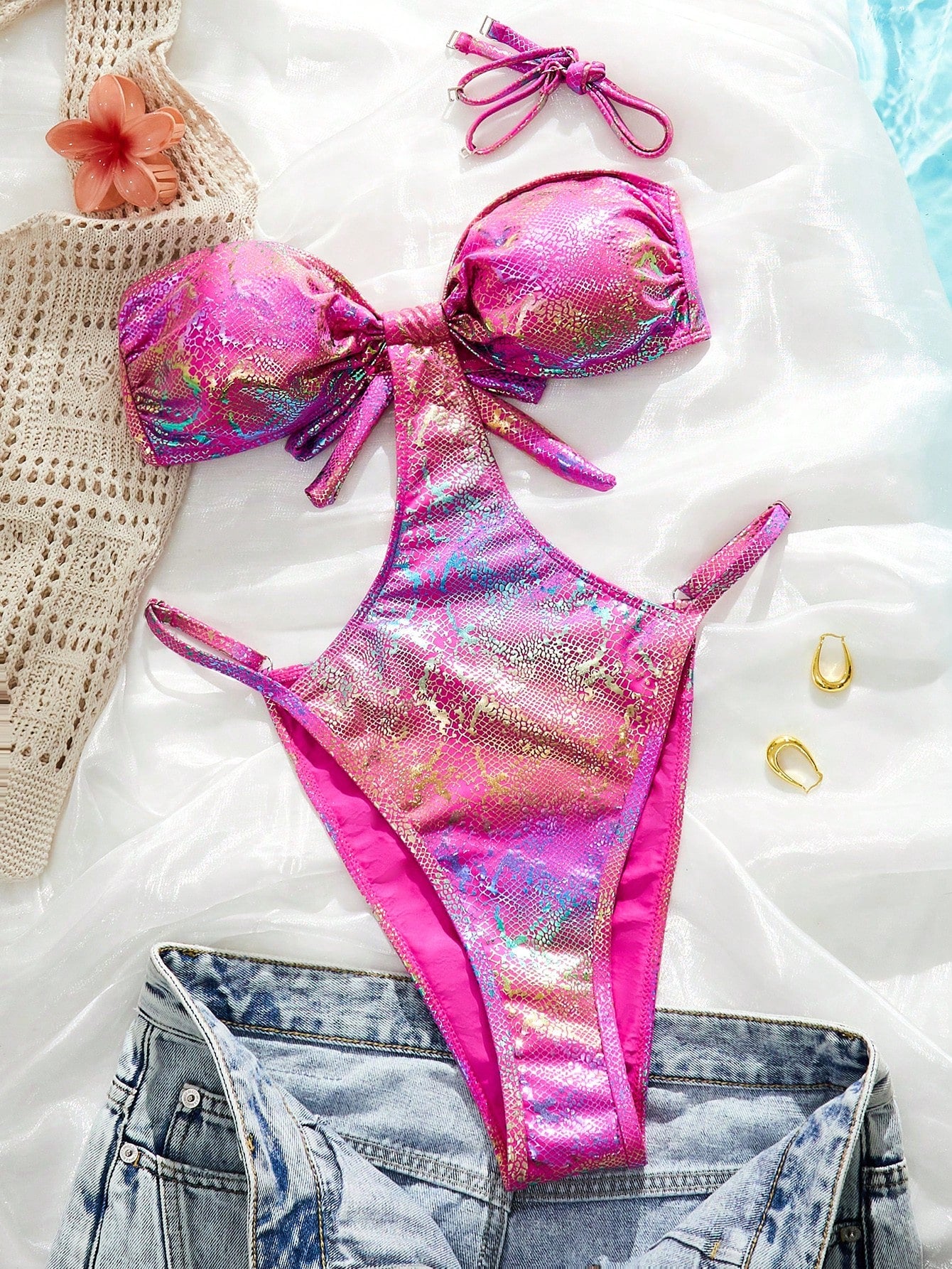Snake Skin Print Metallic Accent One-Piece Swimsuit