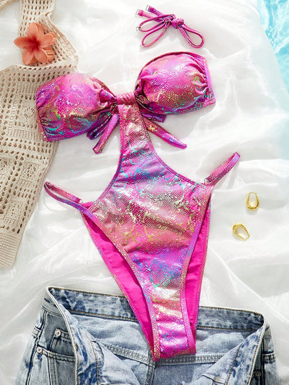 Snake Skin Print Metallic Accent One-Piece Swimsuit