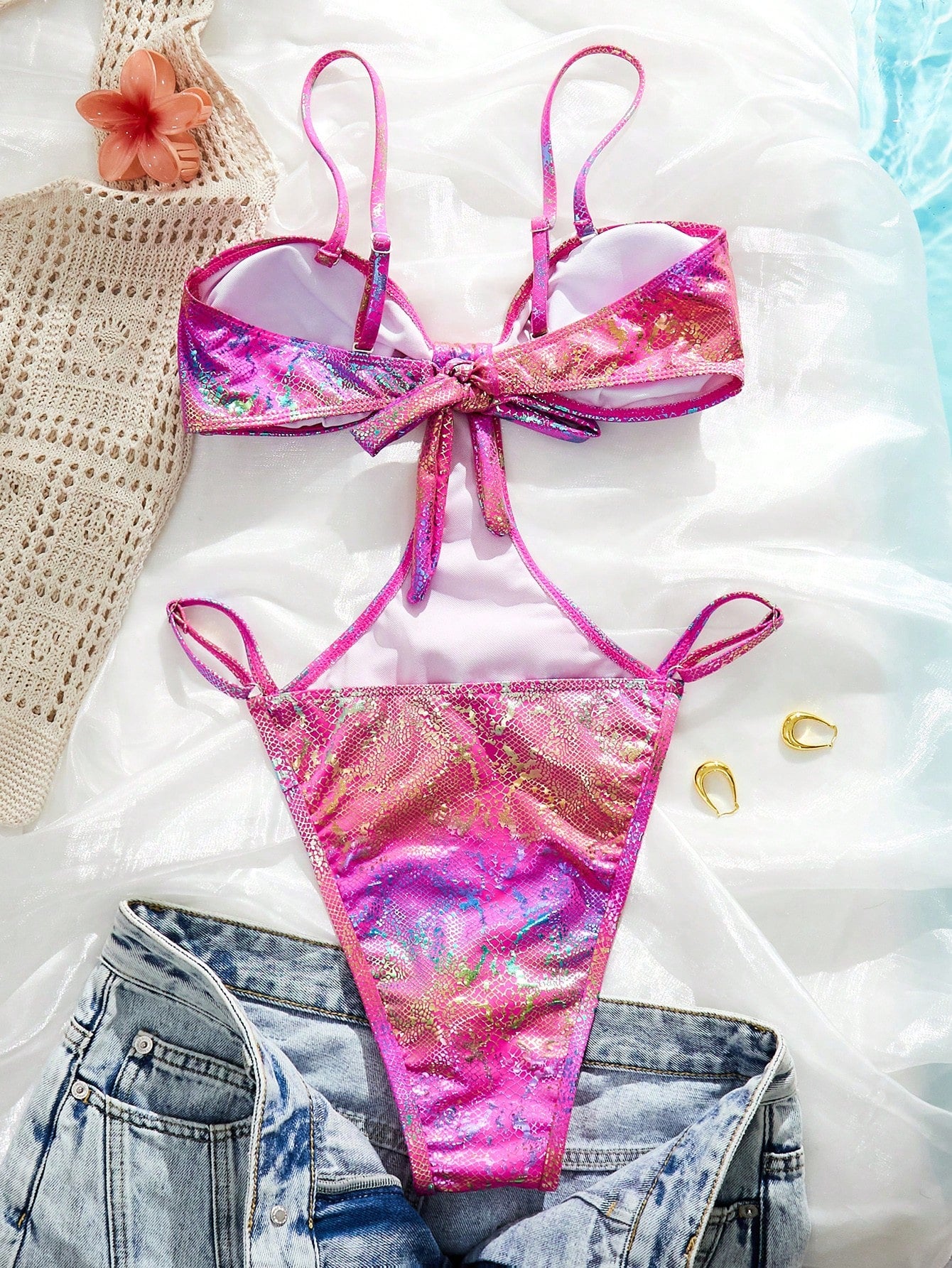 Snake Skin Print Metallic Accent One-Piece Swimsuit