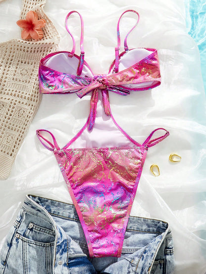Snake Skin Print Metallic Accent One-Piece Swimsuit