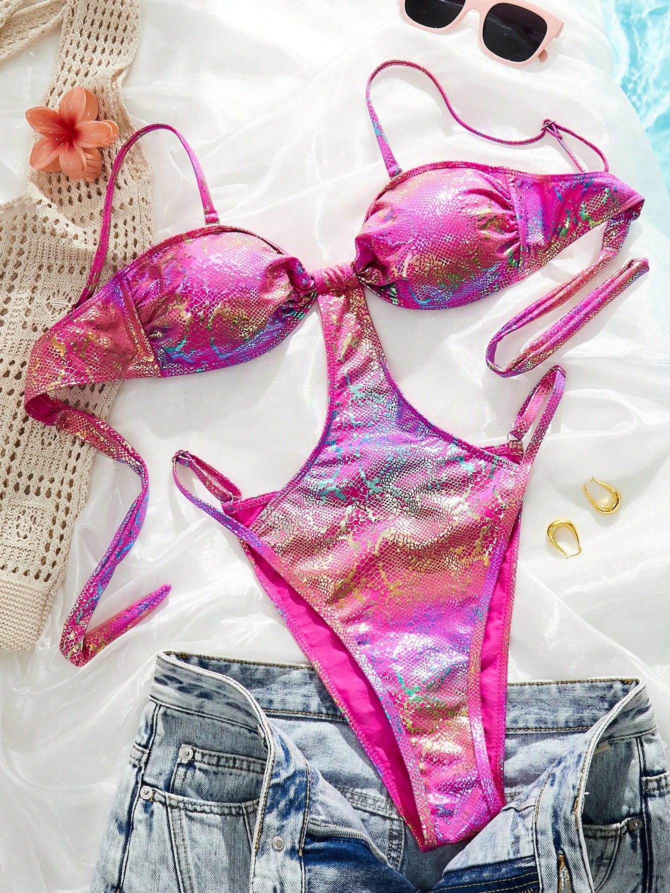 Snake Skin Print Metallic Accent One-Piece Swimsuit