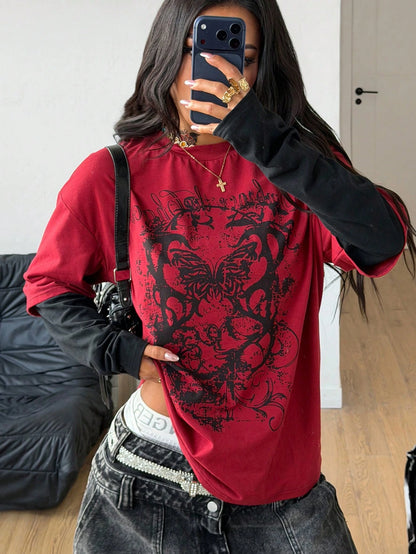 Women Oversized Grunge Goth Graphic Long Tee
