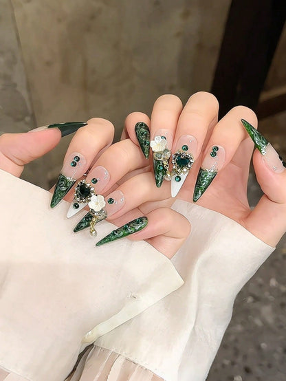 10pcs Handmade Green Cateye & Floral Almond Press-On