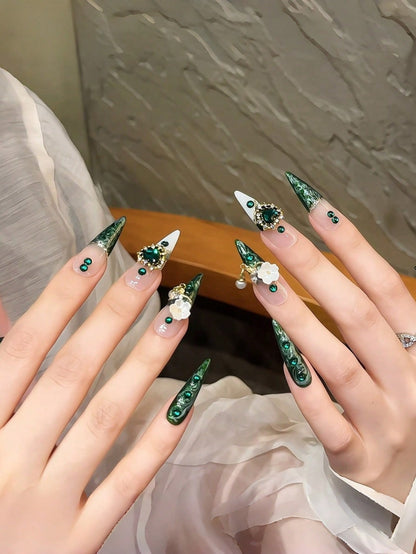 10pcs Handmade Green Cateye & Floral Almond Press-On