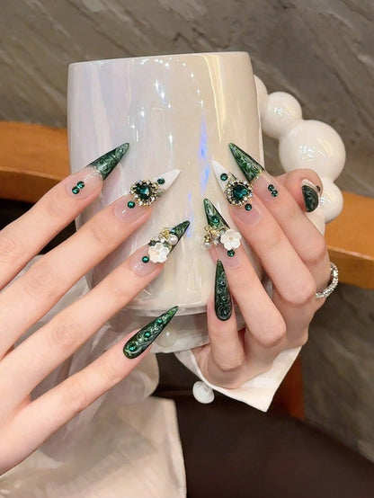 10pcs Handmade Green Cateye & Floral Almond Press-On