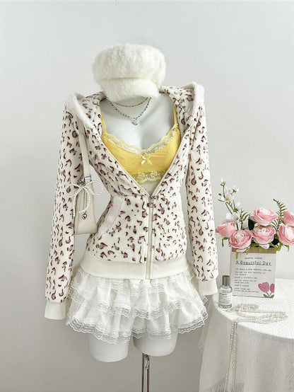 Women's Leopard Print Flannel Thermal Hooded Sweatshirt