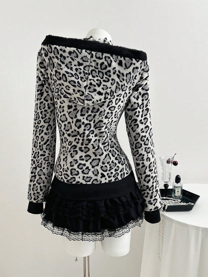 Women Leopard Zip-Up Hoodie