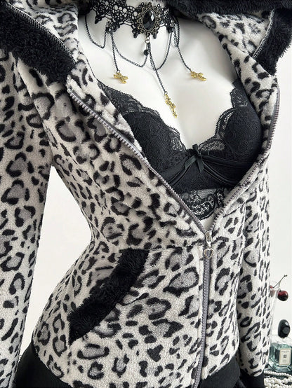 Women Leopard Zip-Up Hoodie