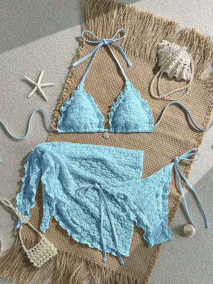 Yellow Floral Textured 3-Piece Pearl Bikini Set